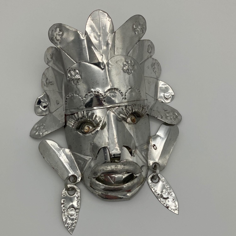 Vintage Mexican Folk Art Metal Mask Hojalata 7in Silver Hand Punched Warrior